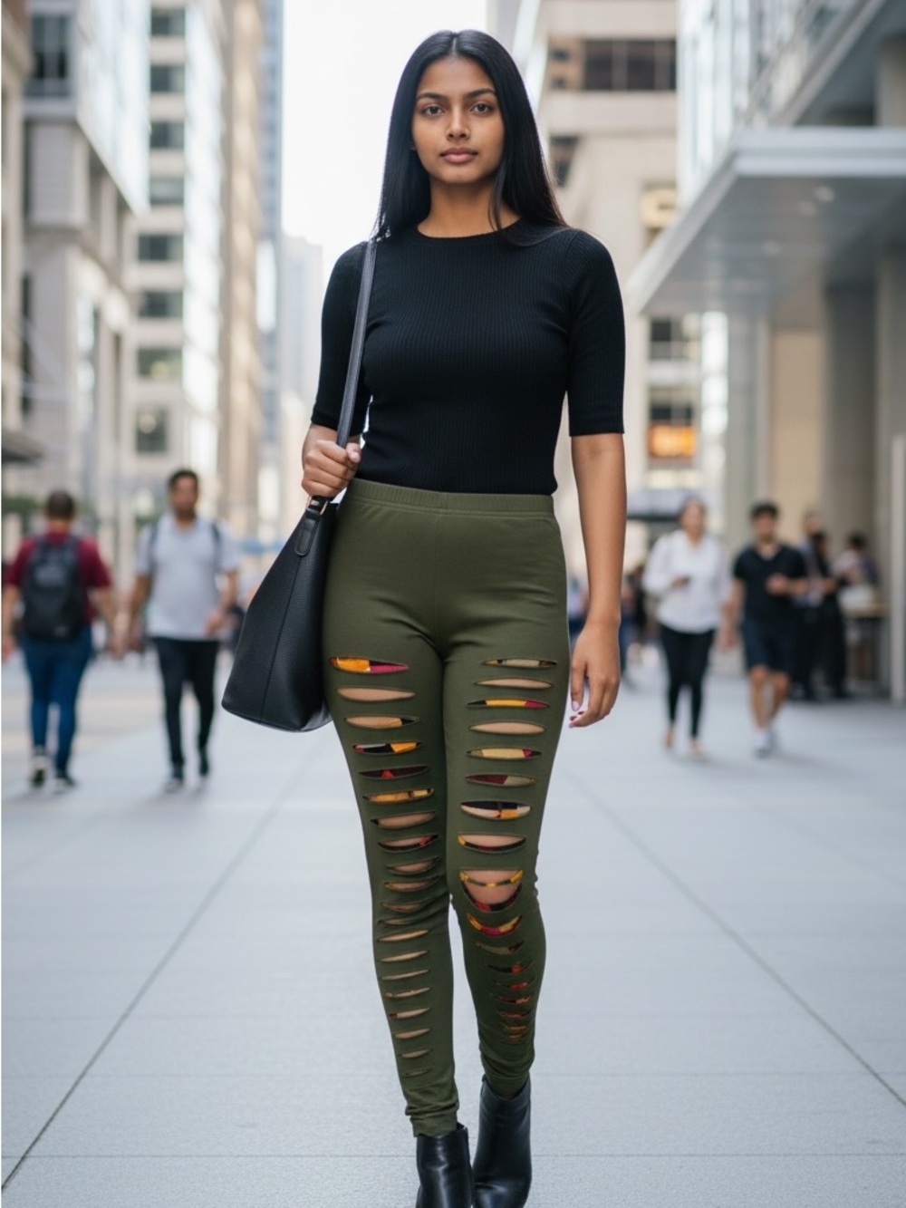 Olive Green High-Waist Distressed Leggings